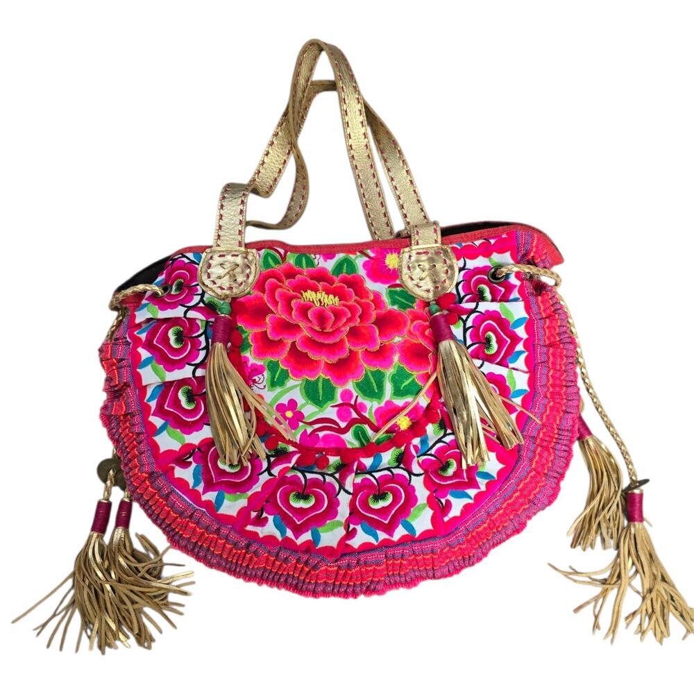 Boho Floral Embroidered Half Moon Shoulder Bag Ethnic Thai Tote Pink